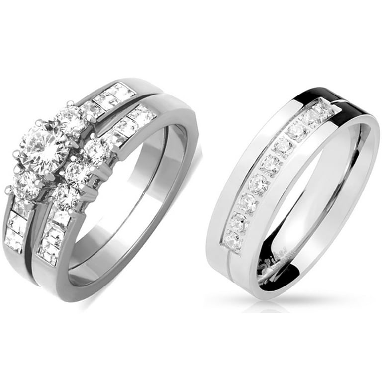 His Hers Womens 3 Stone Type Round CZ Stainless Steel Wedding Ring Set Mens 9 CZs Band Size W10M11