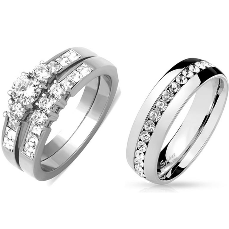 His Hers Womens 3 Stone Type Silver Stainless Steel Wedding Ring Set Mens All Around CZ Band Size W7M7