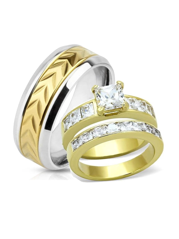 His Hers Yellow Gold Plated Stainless Steel Cz Wedding Ring Set