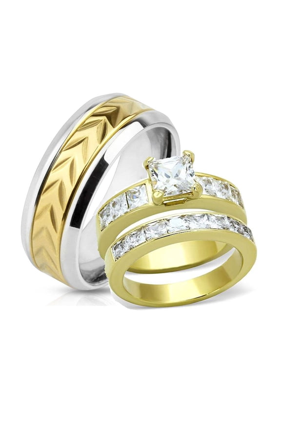 His Hers Yellow Gold Plated Stainless Steel Cz Wedding Ring Set