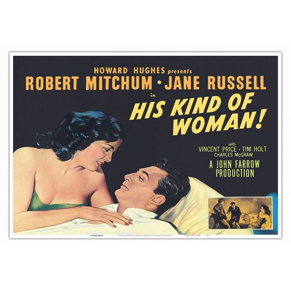 His Kind of Woman - Starring Robert Mitchum and Jane Russell - Vintage Film Noir Movie Poster by Mario Zamaparelli c.1951 - Master Art Print (Unframed) 13in x 19in