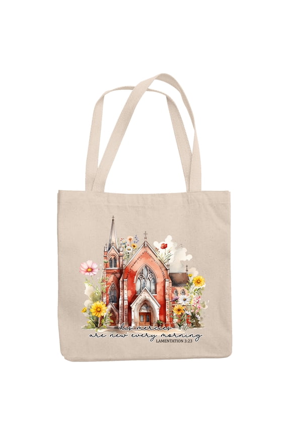 His Mercies Are New Every Morning Lamentations 3 23, Vintage Church & Flowers Art Merch Gift, 12oz Canvas Tote Bag