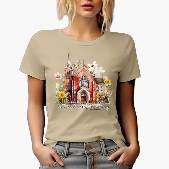 His Mercies Are New Every Morning Lamentations 3 23, Vintage Church & Flowers Art Merch Gift, Tan T-Shirt, Medium