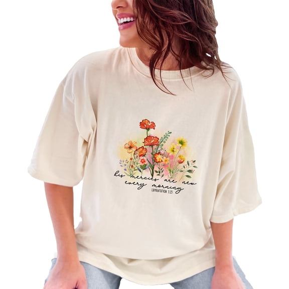His Mercies Are New Every Morning Lamentations 3 23 with Watercolor Flowers Art, Ivory Comfort Colors T-Shirt, Medium
