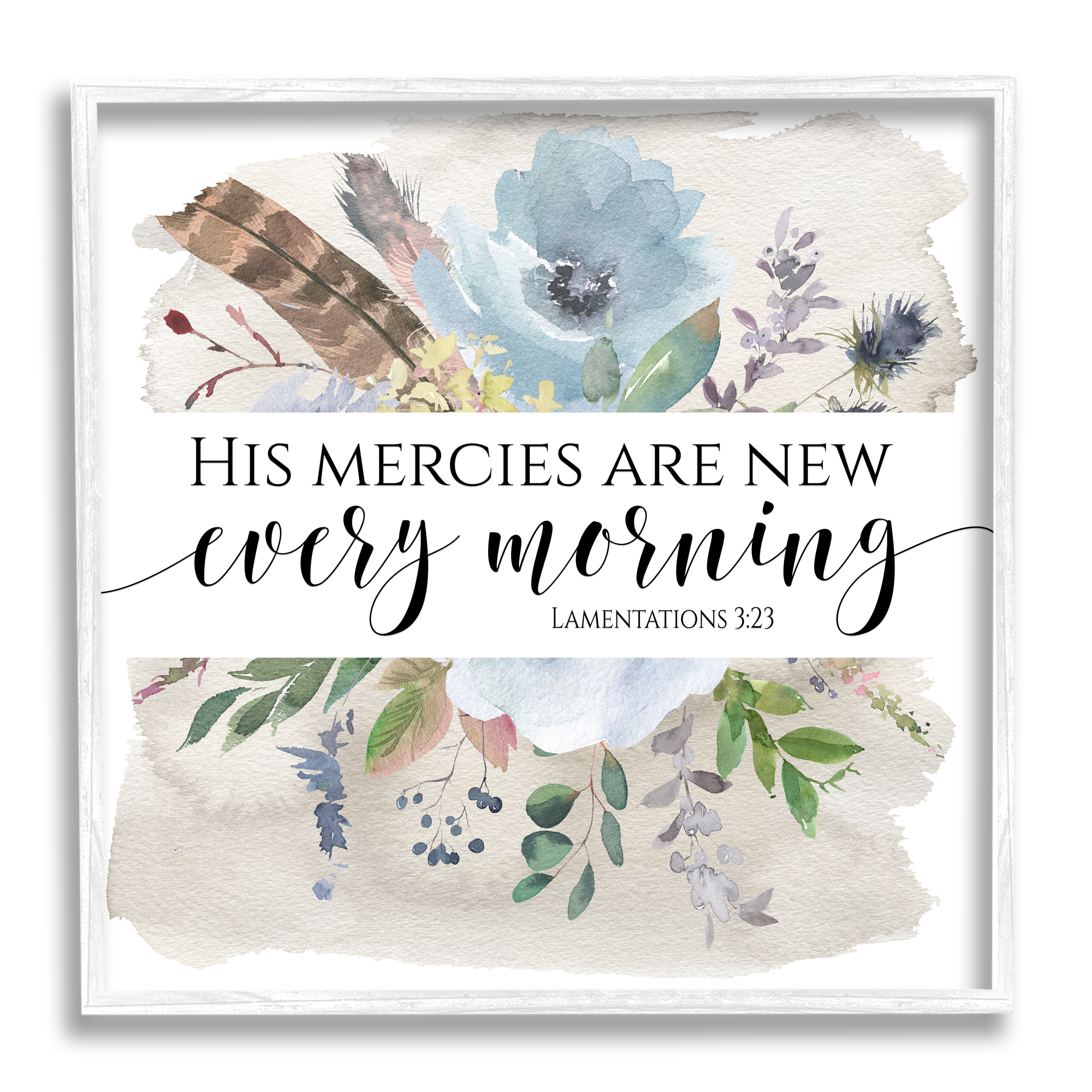 His Mercies Are New Lamentations 3:23 Blue Florals Religious Framed Art Print Wall Art, 17x17