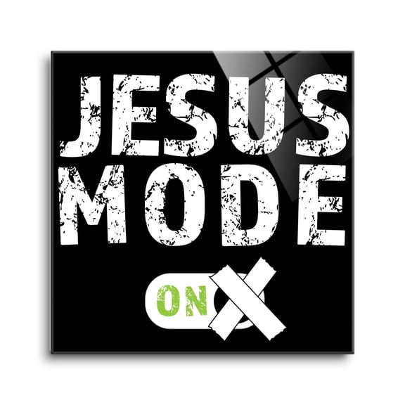 His Mode On Black Script Cross 12 x 12 Glass Wall Hanging Sign