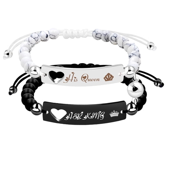 His Queen and Her King Bracelet Set Handmade Braided Rope Magnetic Couples Bracelets Long Distance Gifts for Boyfriend and Girlfriend
