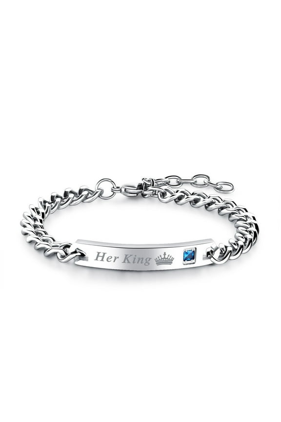 Her King for Men Bracelet for Women by Ginger Lyne Stainless Steel ID Style Blue CZ Adjustable to 7.5"