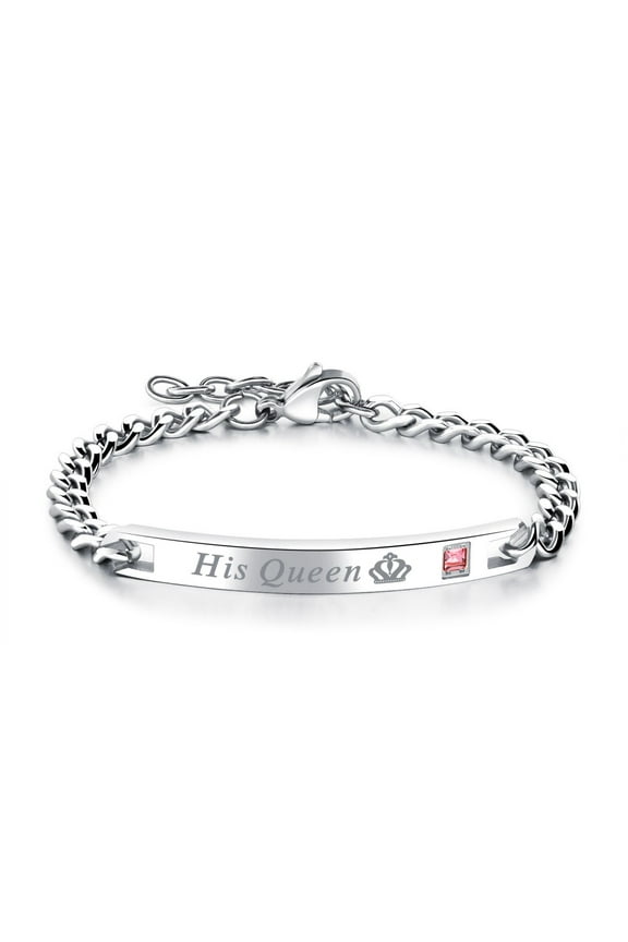 His Queen or Her King Bracelet for Women by Ginger Lyne Stainless Steel ID Style Pink CZ Adjustable to 7.5"