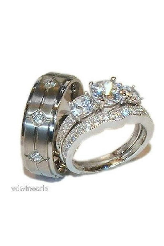 His Hers 3 Stone Cz Wedding Engagement Ring Set Sterling Silver Titanium