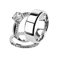 thumbnail image 1 of His and Her 3pc Stainless Steel 1.25 Ct Cz Bridal Ring Set and Men Beveled Edge Band Women's Size 09 Men's 06mm Size 05, 1 of 6