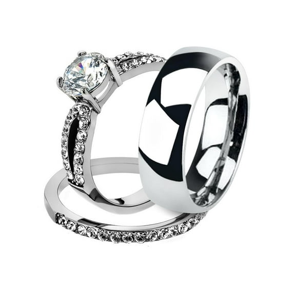 His and Her 3pc Stainless Steel 1.25 Ct Cz Bridal Set and Men's Classic Wedding Band Women's Size 07 Men's 06mm Size 09