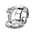 thumbnail image 1 of His and Her 3pc Stainless Steel 1.39 Ct Cz Bridal Ring Set and Men Beveled Edge Band Women's Size 06 Men's 08mm Size 14, 1 of 6