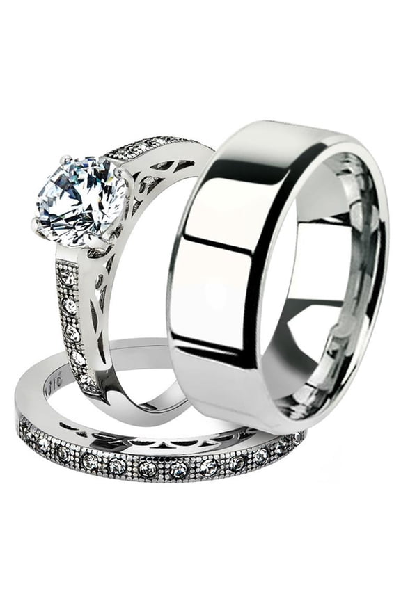 His and Her 3pc Stainless Steel 1.39 Ct Cz Bridal Ring Set and Men Beveled Edge Band Women's Size 07 Men's 06mm Size 06