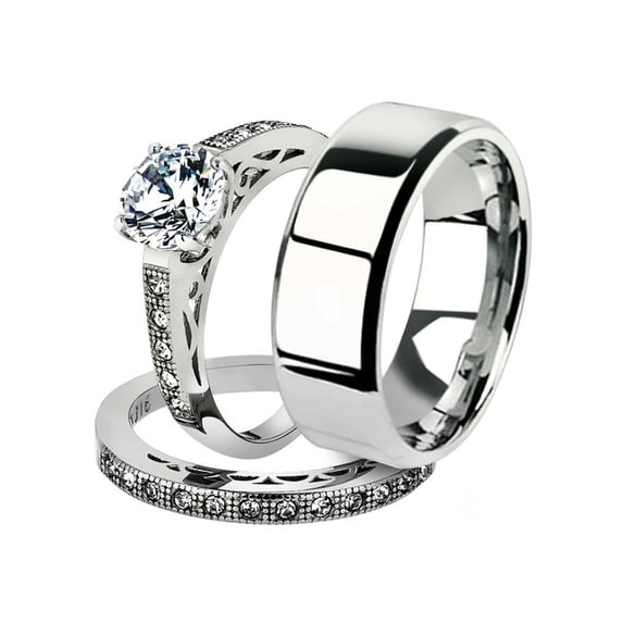 His and Her 3pc Stainless Steel 1.39 Ct Cz Bridal Ring Set and Men Beveled Edge Band Women's Size 08 Men's 06mm Size 06