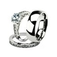 thumbnail image 1 of His and Her 3pc Stainless Steel 1.39 Ct Cz Bridal Set and Men's Classic Wedding Band Women's Size 08 Men's 08mm Size 09, 1 of 6