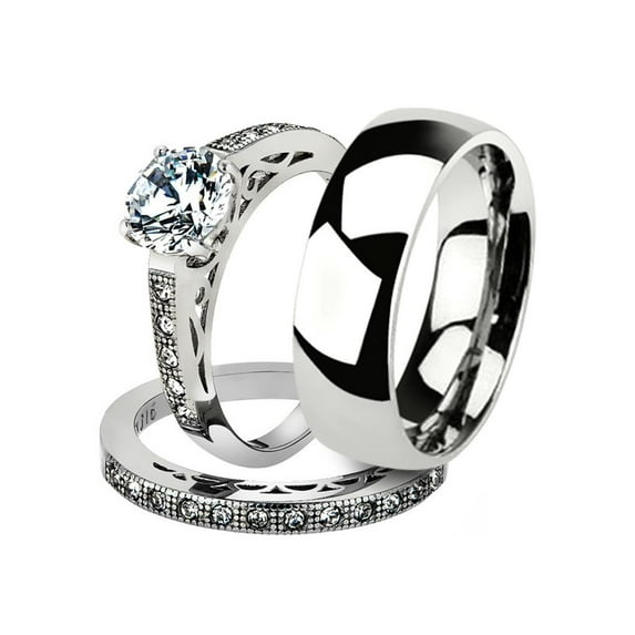 His and Her 3pc Stainless Steel 1.39 Ct Cz Bridal Set and Men's Classic Wedding Band Women's Size 10 Men's 06mm Size 09