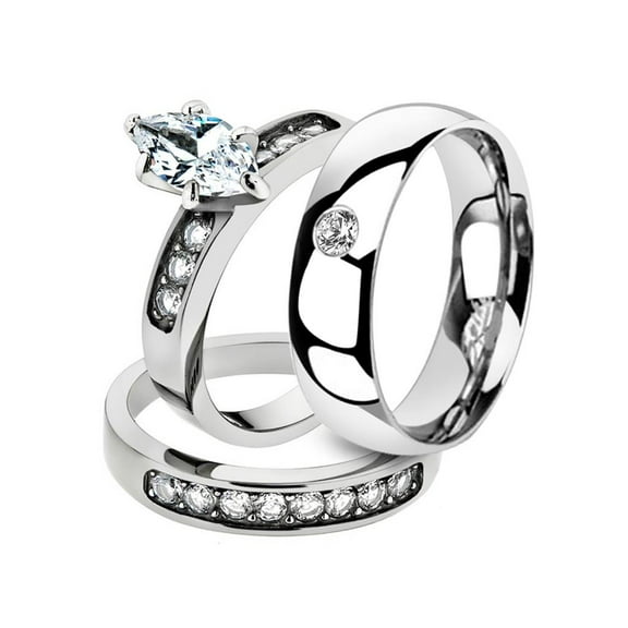 His and Her 3pc Stainless Steel 1.65 Ct Cz Bridal Set and Men Zirconia Wedding Band Women's Size 09 Men's Size 08