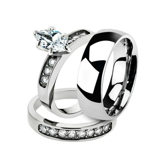 His and Her 3pc Stainless Steel 1.65 Ct Cz Bridal Set and Men's Classic Wedding Band Women's Size 07 Men's 06mm Size 09