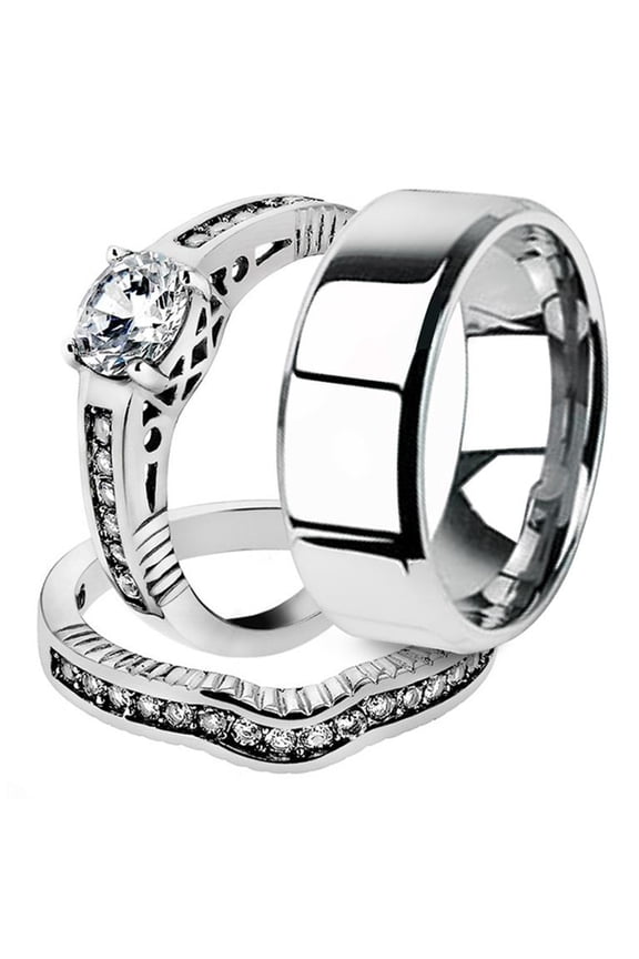 His and Her 3pc Stainless Steel 1.75 Ct Cz Bridal Ring Set and Men Beveled Edge Band Women's Size 06 Men's 06mm Size 10