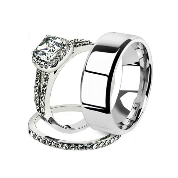 His and Her 3pc Stainless Steel 1.80 Ct Cz Bridal Ring Set and Men Beveled Edge Band Women's Size 05 Men's 08mm Size 10