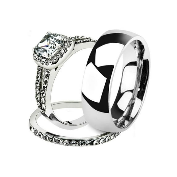 His and Her 3pc Stainless Steel 1.80 Ct Cz Bridal Set and Men's Classic Wedding Band Women's Size 07 Men's 08mm Size 12