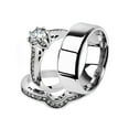 thumbnail image 1 of His and Her 3pc Stainless Steel 1.85 Ct Cz Bridal Ring Set and Men Beveled Edge Band Women's Size 05 Men's 08mm Size 10, 1 of 6