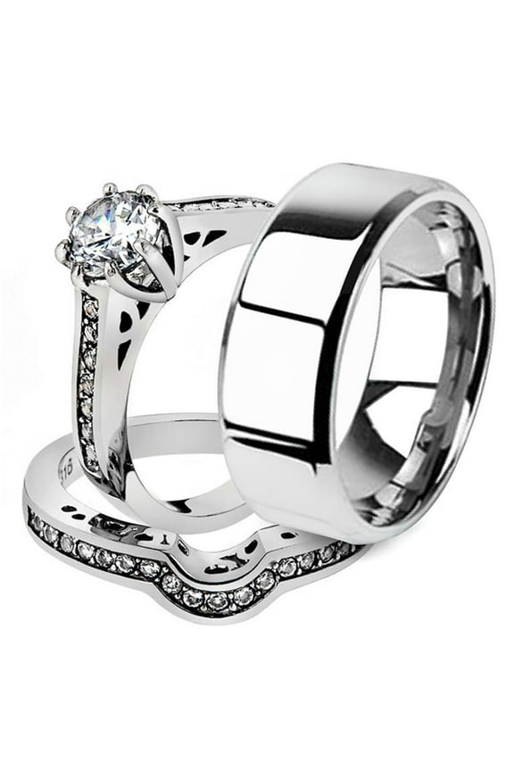 His and Her 3pc Stainless Steel 1.85 Ct Cz Bridal Ring Set and Men Beveled Edge Band Women's Size 06 Men's 06mm Size 12