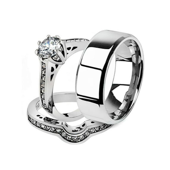 His and Her 3pc Stainless Steel 1.85 Ct Cz Bridal Ring Set and Men Beveled Edge Band Women's Size 07 Men's 08mm Size 10