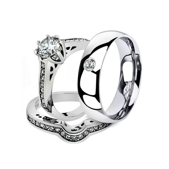 His and Her 3pc Stainless Steel 1.85 Ct Cz Bridal Set and Men Zirconia Wedding Band Women's Size 08 Men's Size 07
