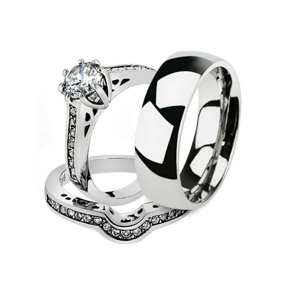 His and Her 3pc Stainless Steel 1.85 Ct Cz Bridal Set and Men's Classic Wedding Band Women's Size 09 Men's 06mm Size 08