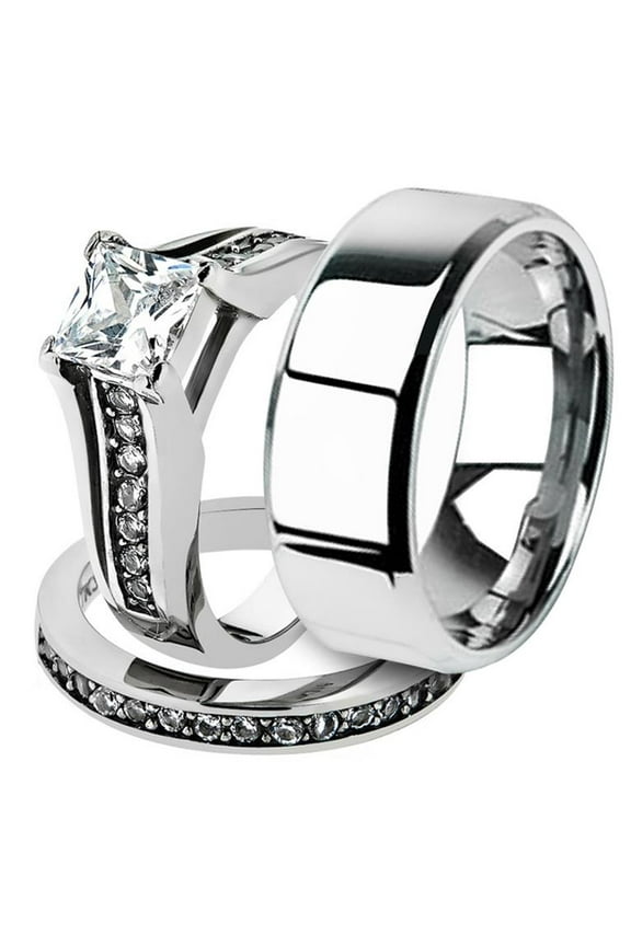 His and Her 3pc Stainless Steel 2.10 Ct Cz Bridal Ring Set and Men Beveled Edge Band Women's Size 06 Men's 06mm Size 12