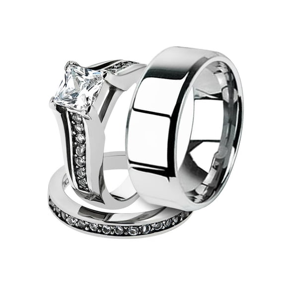His and Her 3pc Stainless Steel 2.10 Ct Cz Bridal Ring Set and Men Beveled Edge Band Women's Size 09 Men's 06mm Size 09