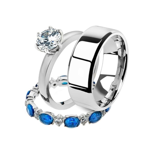 His and Her 3pc Stainless Steel 2.25 Ct Cz Bridal Ring Set and Men Beveled Edge Band Women's Size 05 Men's 08mm Size 09