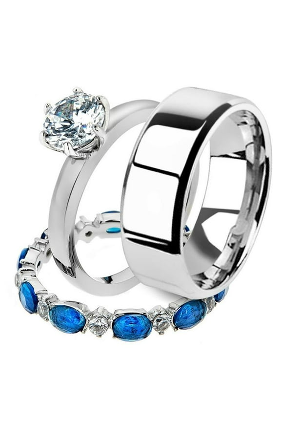 His and Her 3pc Stainless Steel 2.25 Ct Cz Bridal Ring Set and Men Beveled Edge Band Women's Size 07 Men's 08mm Size 09