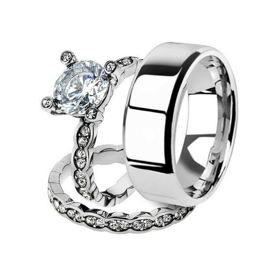 His and Her 3pc Stainless Steel 2.25 Ct Cz Bridal Ring Set and Men Beveled Edge Band Women's Size 08 Men's 06mm Size 07