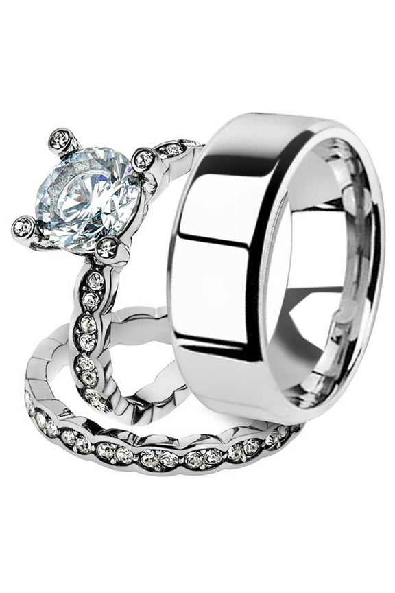 His and Her 3pc Stainless Steel 2.25 Ct Cz Bridal Ring Set and Men Beveled Edge Band Women's Size 10 Men's 08mm Size 10