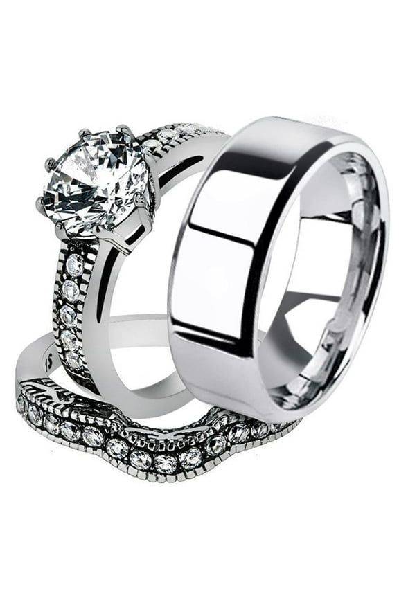 His and Her 3pc Stainless Steel 2.29 Ct Cz Bridal Ring Set and Men Beveled Edge Band Women's Size 05 Men's 06mm Size 07