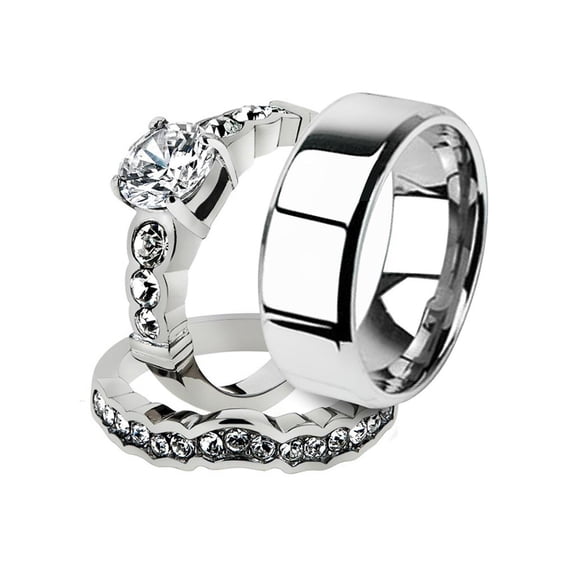His and Her 3pc Stainless Steel 2.35 Ct Cz Bridal Ring Set and Men Beveled Edge Band Women's Size 06 Men's 06mm Size 10