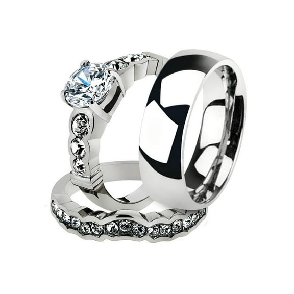 His and Her 3pc Stainless Steel 2.35 Ct Cz Bridal Set and Men's Classic Wedding Band Women's Size 06 Men's 06mm Size 05