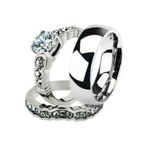 His and Her 3pc Stainless Steel 2.35 Ct Cz Bridal Set and Men's Classic Wedding Band Women's Size 10 Men's 06mm Size 12