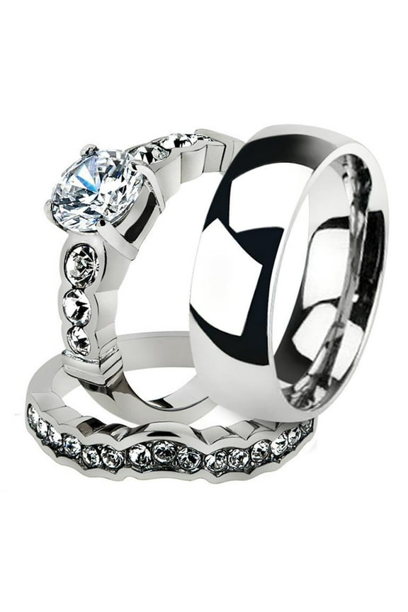 His and Her 3pc Stainless Steel 2.35 Ct Cz Bridal Set and Men's Classic Wedding Band Women's Size 10 Men's 06mm Size 12