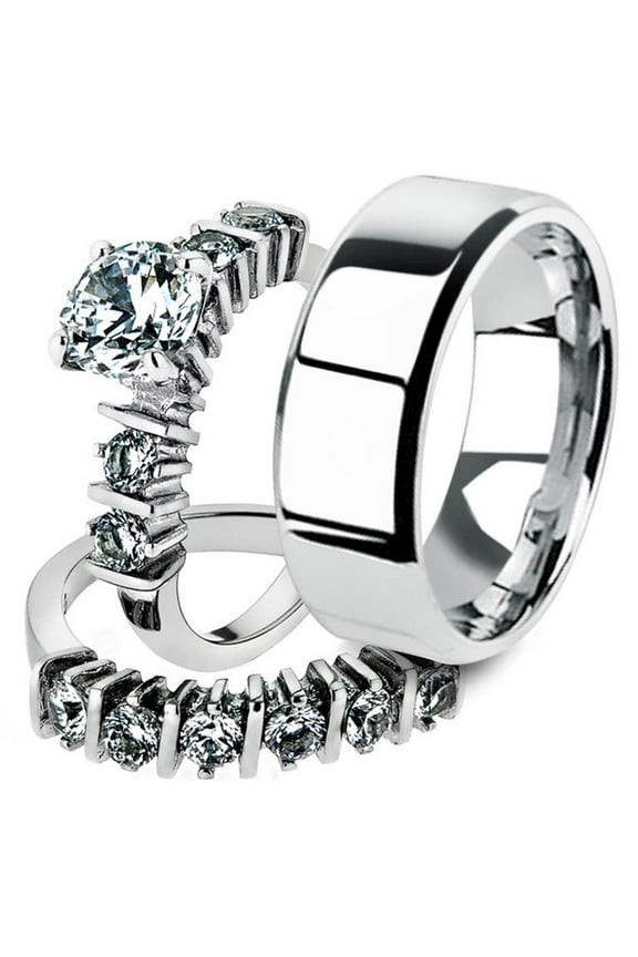 His and Her 3pc Stainless Steel 2.38 Ct Cz Bridal Ring Set and Men Beveled Edge Band Women's Size 07 Men's 08mm Size 12