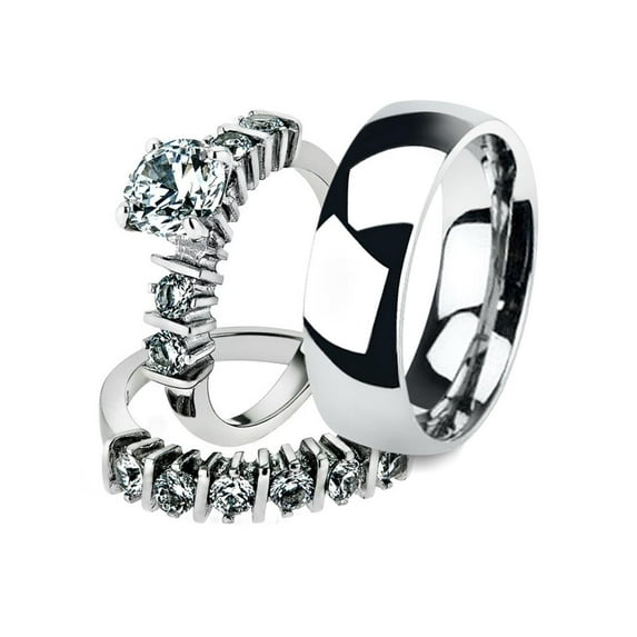 His and Her 3pc Stainless Steel 2.38 Ct Cz Bridal Set and Men's Classic Wedding Band Women's Size 07 Men's 08mm Size 12
