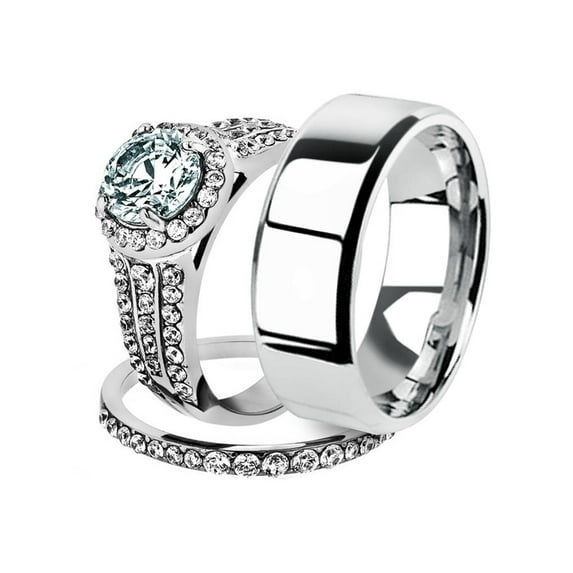 His and Her 3pc Stainless Steel 2.45 Ct Cz Bridal Ring Set and Men Beveled Edge Band Women's Size 07 Men's 06mm Size 12