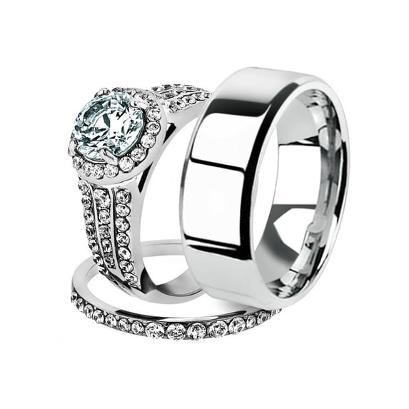 His and Her 3pc Stainless Steel 2.45 Ct Cz Bridal Ring Set and Men Beveled Edge Band Women's Size 09 Men's 06mm Size 07