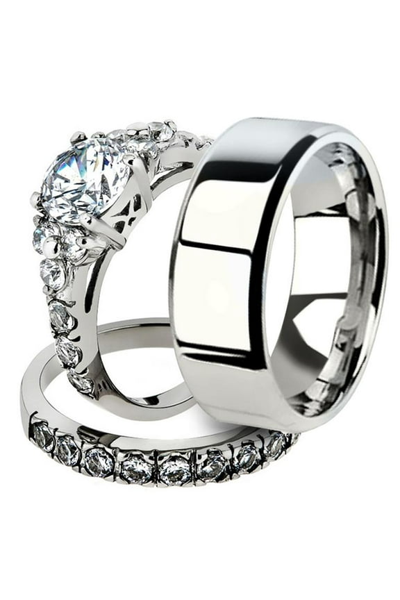 His and Her 3pc Stainless Steel 2.50 Ct Cz Bridal Ring Set and Men Beveled Edge Band Women's Size 05 Men's 06mm Size 07