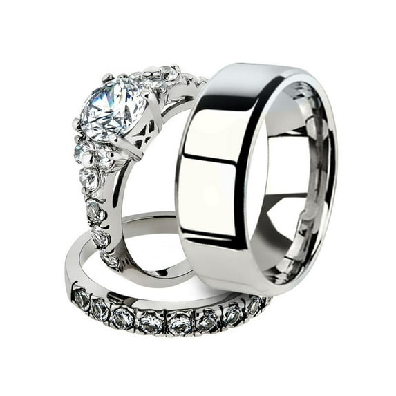 His and Her 3pc Stainless Steel 2.50 Ct Cz Bridal Ring Set and Men Beveled Edge Band Women's Size 05 Men's 08mm Size 10
