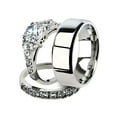 thumbnail image 1 of His and Her 3pc Stainless Steel 2.50 Ct Cz Bridal Ring Set and Men Beveled Edge Band Women's Size 05 Men's 08mm Size 11, 1 of 6