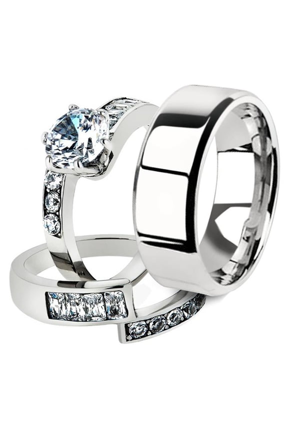 His and Her 3pc Stainless Steel 2.50 Ct Cz Bridal Ring Set and Men Beveled Edge Band Women's Size 07 Men's 06mm Size 08